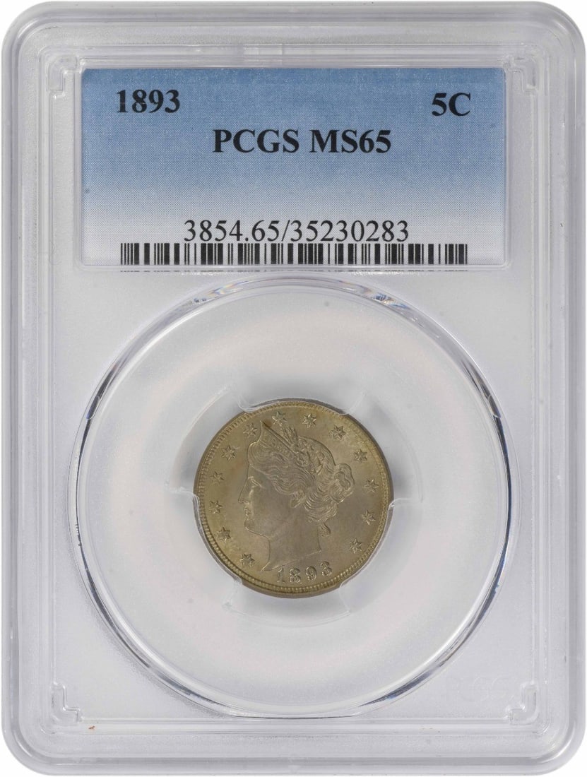 1893 Liberty Five Cent Coin PCGS Graded MS65 Uncirculated: 1893 Liberty Five Cent Coin PCGS Graded MS65 Uncirculated This 1893 Liberty Nickel is graded MS65 by PCGS, indicating an uncirculated condition. The coin features a nickel composition and is from the 