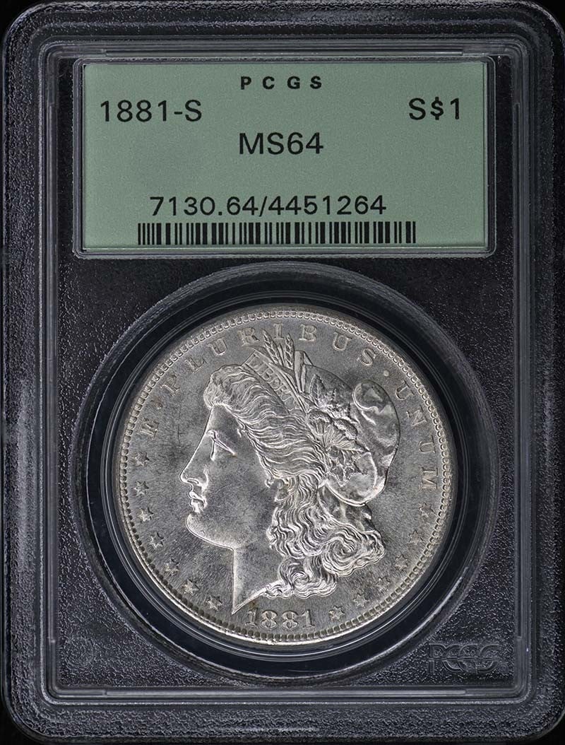 PCGS MS64 1881-S Morgan Silver Dollar: PCGS MS64 1881-S Morgan Silver Dollar This is an 1881 Morgan Dollar minted in San Francisco, graded MS64 by PCGS. The coin is uncirculated and comes with PCGS certification. It is a pre-owned collecti
