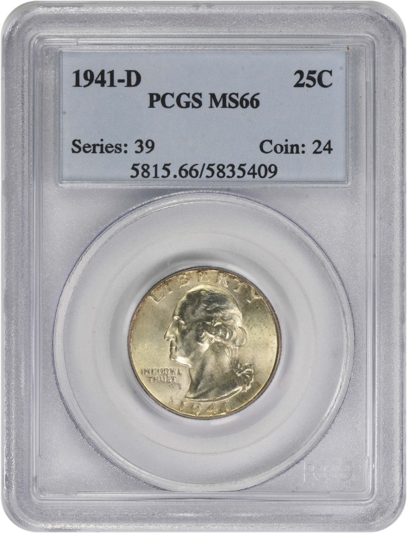 1941-D Washington Quarter MS66 PCGS 90% Silver Uncirculated: 1941-D Washington Quarter MS66 PCGS 90% Silver Uncirculated This 1941-D Washington Quarter, graded MS66 by PCGS, is a stunning example of American coinage. Struck at the Denver Mint, this uncirculated