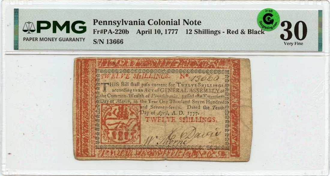 April 10 1777 Pennsylvania Colonial Currency Note 12 Shillings PMG VF30: April 10 1777 Pennsylvania Colonial Currency Note 12 Shillings PMG VF30 This is a Pennsylvania Colonial Note dated April 10, 1777, with a denomination of 12 shillings. The note is certified by PMG and