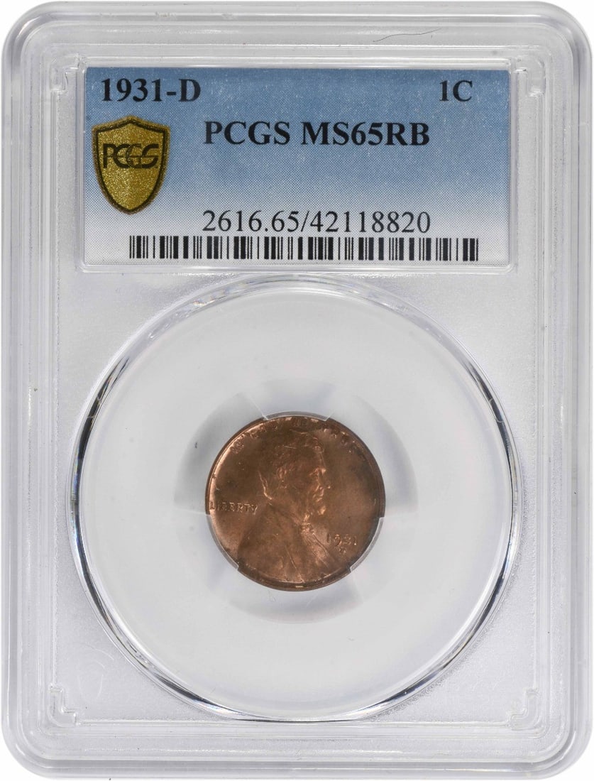 PCGS MS65RB 1931-D Lincoln Wheat Copper Cent: PCGS MS65RB 1931-D Lincoln Wheat Copper Cent This is a 1931-D Lincoln Wheat Cent graded MS65RB by PCGS. The coin is uncirculated and composed of copper. It was minted in Denver and features the classi