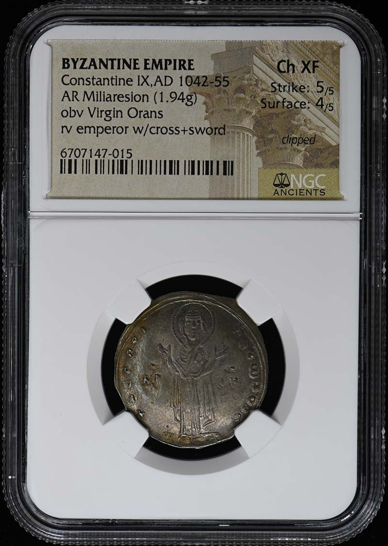 NGC Ch XF Constantine IX Byzantine silver miliaresion 1.94g: NGC Ch XF Constantine IX Byzantine silver miliaresion 1.94g This is a Byzantine silver Miliaresion coin from the reign of Constantine IX (AD 1042-1055). The coin is certified by NGC and graded Choice 