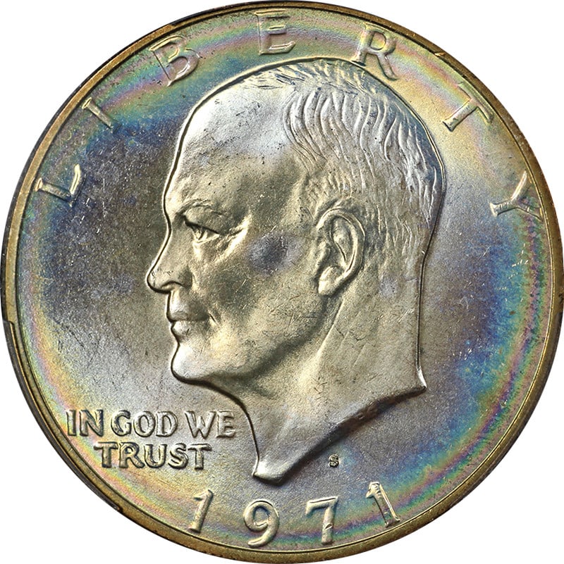 1971-S Eisenhower Silver Dollar PCGS MS67 Iridescent Toning: 1971-S Eisenhower Silver Dollar PCGS MS67 Iridescent Toning This stunning 1971-S Eisenhower Ike Silver Dollar showcases iridescent toning, making it a standout piece for any collector. Certified by PC