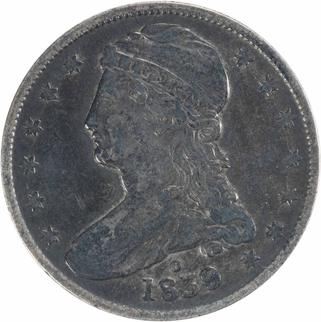 1839 New Orleans 50C Bust Half Dollar EF Uncertified: 1839 New Orleans 50C Bust Half Dollar EF Uncertified This 1839-O Bust Half Dollar is a circulated coin from the New Orleans Mint, featuring the design by Christian Gobrecht. Composed of 90% silver and
