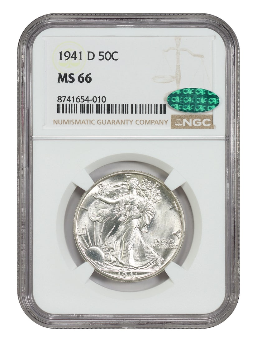 NGC CAC MS66 1941-D Walking Liberty 50C Half Dollar: NGC CAC MS66 1941-D Walking Liberty 50C Half Dollar 1941-D Walking Liberty Half Dollar graded MS66 by NGC and CAC approved. This uncirculated 50C coin was struck in Denver and is identified as part of