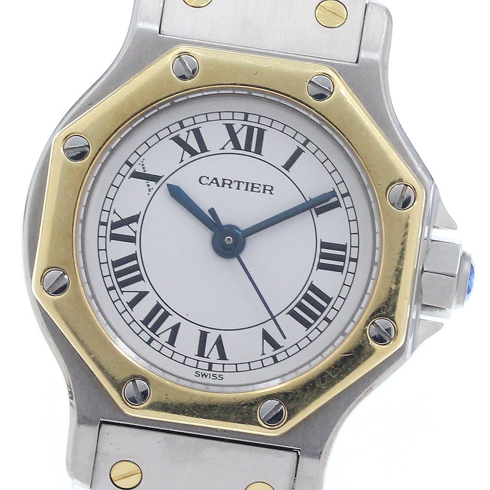 Cartier Santos Octagon Ladies Two Tone Automatic White Dial Watch: Cartier Santos Octagon Ladies Two Tone Automatic White Dial Watch This is a Cartier Santos Octagon SM wristwatch designed for women. The watch features a two-tone steel construction and an automatic m