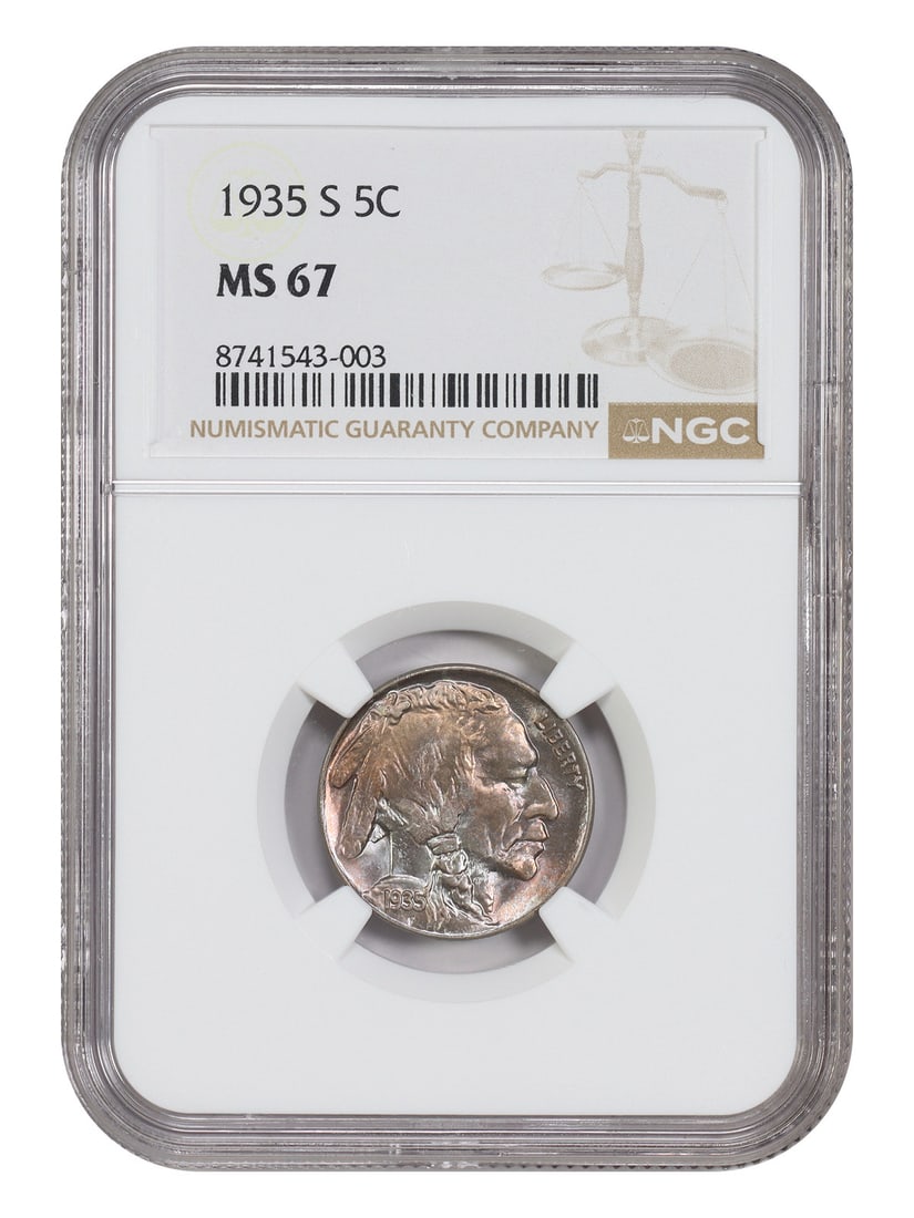 NGC MS67 1935-S Buffalo Nickel 5C San Francisco Mint: NGC MS67 1935-S Buffalo Nickel 5C San Francisco Mint 1935-S Buffalo Nickel graded MS67 by NGC. The coin is a 5C issue from 1935 with San Francisco mint location. It shows peach, sunrise gold, and sky 