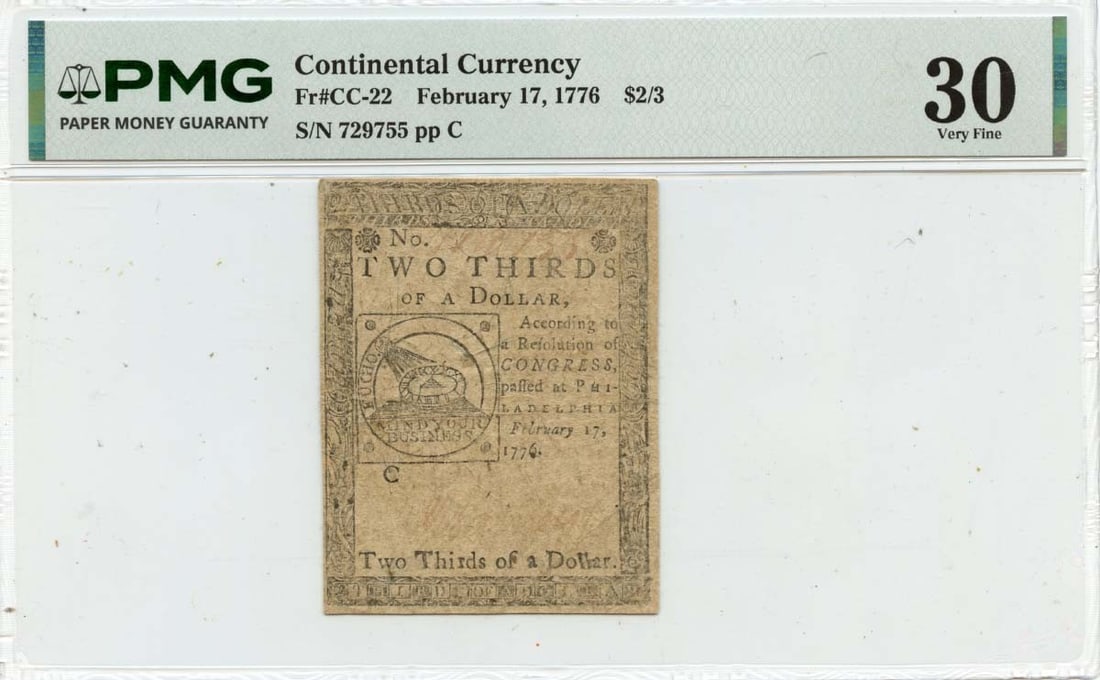 $2/3 Continental Currency 1776 Note PMG VF30 FR#CC-22: $2/3 Continental Currency 1776 Note PMG VF30 FR#CC-22 This is a $2/3 denomination Continental Currency note dated February 17, 1776. The note has been certified by PMG with a grade of VF30 and is in c