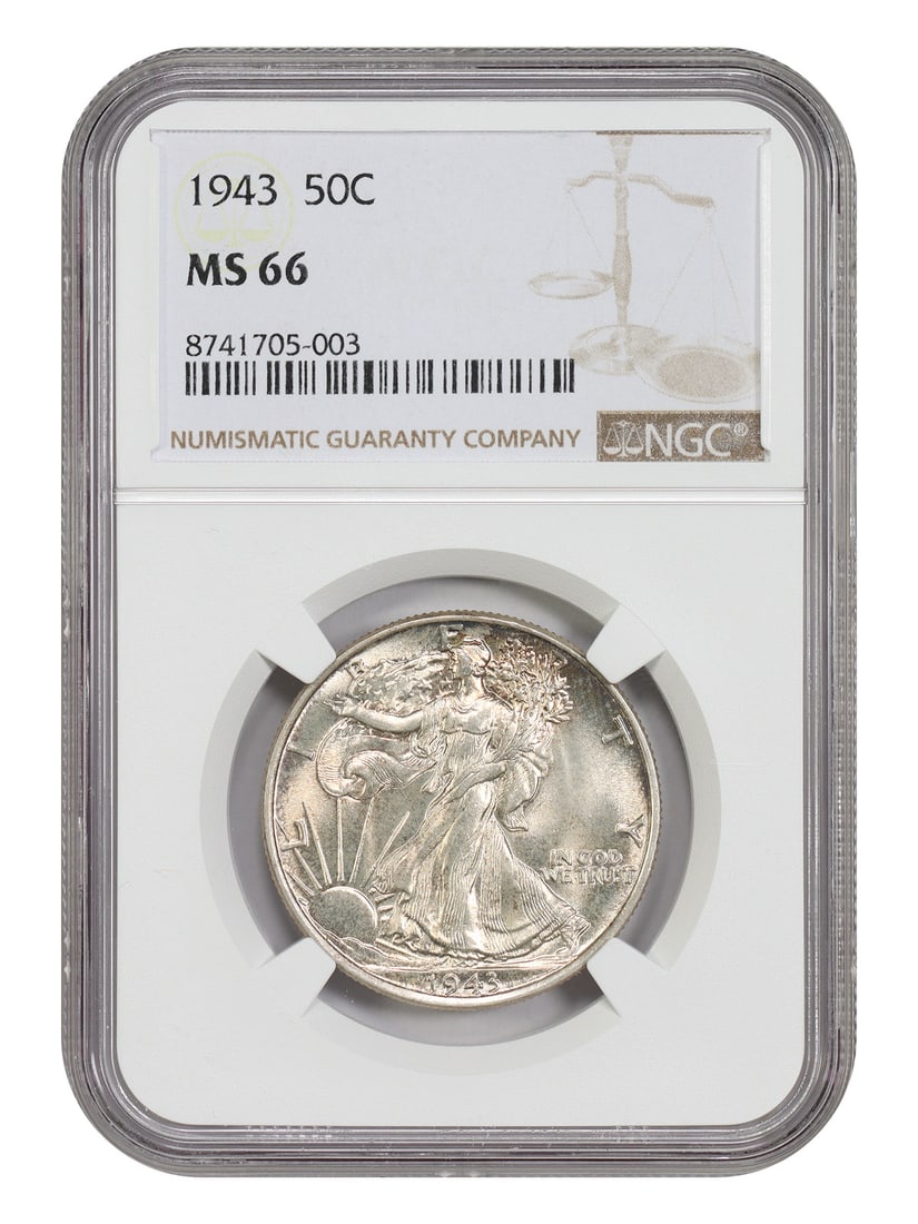 NGC MS66 1943 Walking Liberty 50C Half Dollar: NGC MS66 1943 Walking Liberty 50C Half Dollar 1943 Walking Liberty Half Dollar, denomination 50C, struck in Philadelphia. Certified by NGC and graded MS66. The coin is uncirculated and pre-owned. Spec