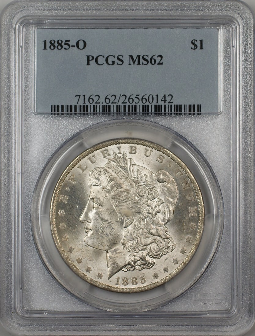 PCGS MS-62 1885-O $1 Morgan Silver Dollar New Orleans Mint Coin: PCGS MS-62 1885-O $1 Morgan Silver Dollar New Orleans Mint Coin This 1885-O Morgan Silver Dollar is certified by PCGS with a grade of MS-62. Struck in New Orleans, it is composed of silver and remains