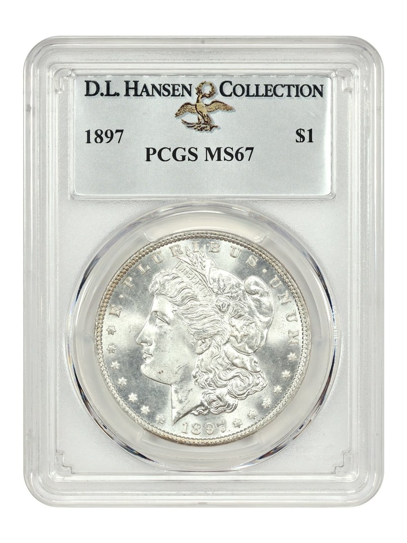 PCGS MS67 1897 Morgan Dollar ex D.L. Hansen $1 Coin: PCGS MS67 1897 Morgan Dollar ex D.L. Hansen $1 Coin 1897 $1 Morgan Dollar certified by PCGS and graded MS67. Minted in Philadelphia, this uncirculated example is white with radiating frosty luster and