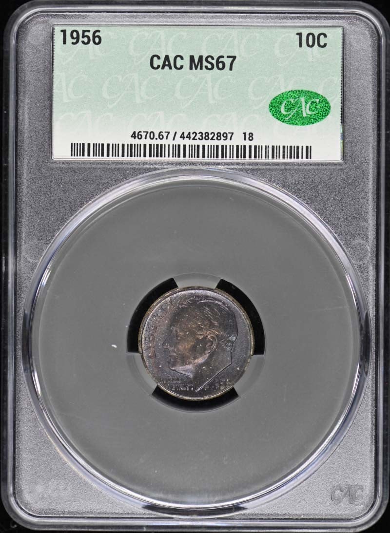 1956 Roosevelt Dime CACG Certified MS67 Uncirculated: 1956 Roosevelt Dime CACG Certified MS67 Uncirculated This 1956 Roosevelt Dime is certified by CACG as MS67, indicating it is in uncirculated condition. Minted in Philadelphia, this coin represents a s