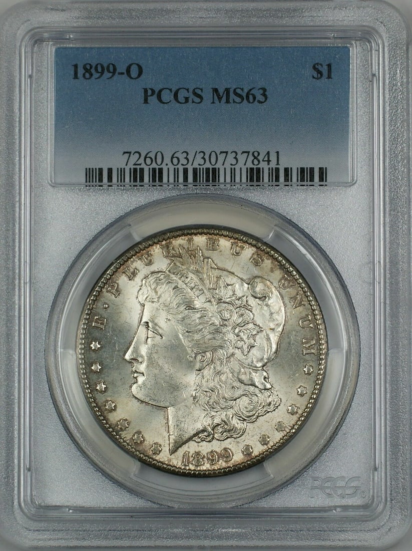 PCGS MS63 1899-O Morgan Silver Dollar Lightly Toned: PCGS MS63 1899-O Morgan Silver Dollar Lightly Toned This 1899-O Morgan Silver Dollar is an uncirculated coin graded MS-63 by PCGS. It features light toning and was minted in New Orleans. The coin is c
