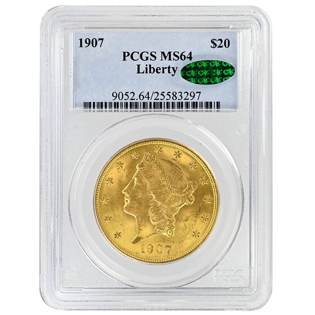 1907 Liberty Head $20 Gold Coin PCGS MS64 CAC: 1907 Liberty Head $20 Gold Coin PCGS MS64 CAC This 1907 $20 Liberty Head gold coin is certified by PCGS with a grade of MS64 and features a CAC sticker, indicating its quality and eye appeal. Struck i
