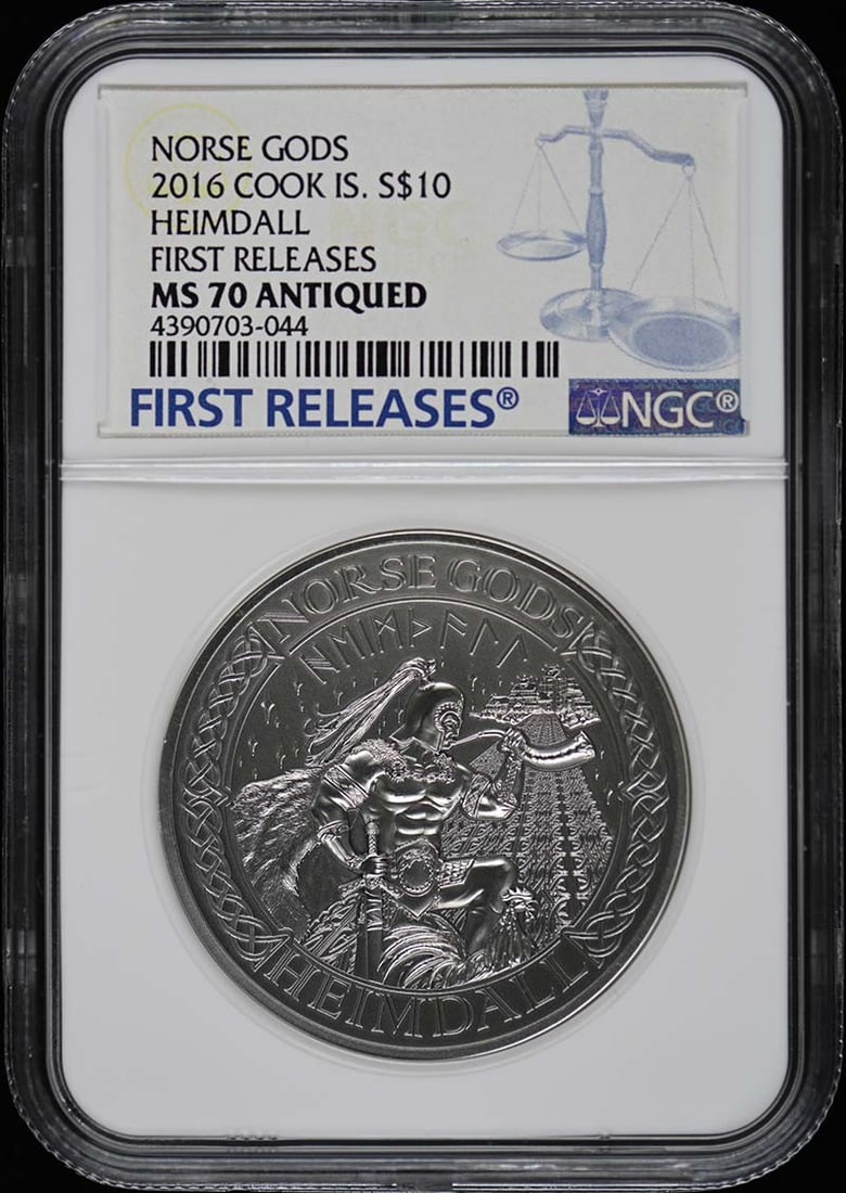 2016 Cook Islands Heimdall S$10 NGC MS70 First Release Coin: 2016 Cook Islands Heimdall S$10 NGC MS70 First Release Coin This 2016 Cook Islands Heimdall coin is a remarkable piece that showcases exceptional quality with a grade of MS70, certified by NGC. As an 