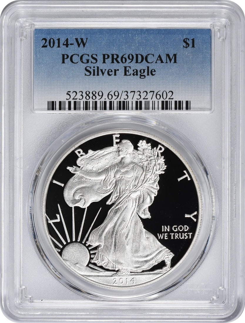 2014-W PCGS PR69DCAM American Silver Eagle 1 oz Proof Coin: 2014-W PCGS PR69DCAM American Silver Eagle 1 oz Proof Coin This stunning 2014-W American Silver Eagle coin is a brilliant addition for any collection. Struck in proof quality, this coin features a gra