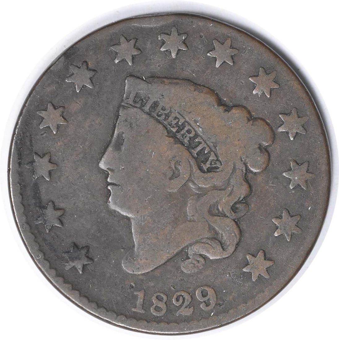 1829 Coronet Head copper large cent VG uncertified: 1829 Coronet Head copper large cent VG uncertified This 1829 Large Cent is a Coronet Head variety, designated N-7 Wheel Spoke. It is a circulated copper coin from the United States, graded VG (Very Go