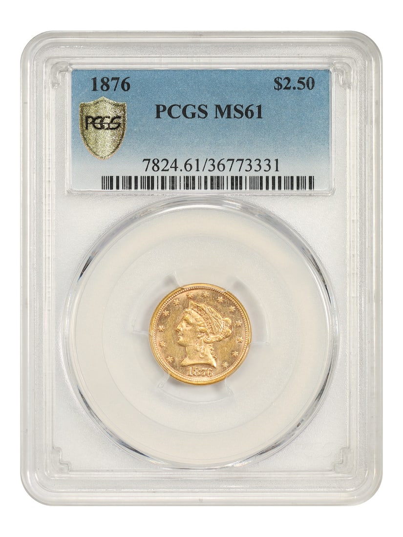 1876 Liberty Head Quarter Eagle $2.50 PCGS MS61: 1876 Liberty Head Quarter Eagle $2.50 PCGS MS61 1876 Liberty Head Quarter Eagle $2.50 certified by PCGS as MS61. Minted in Philadelphia, this uncirculated coin comes from a mintage of just 4,176 coins