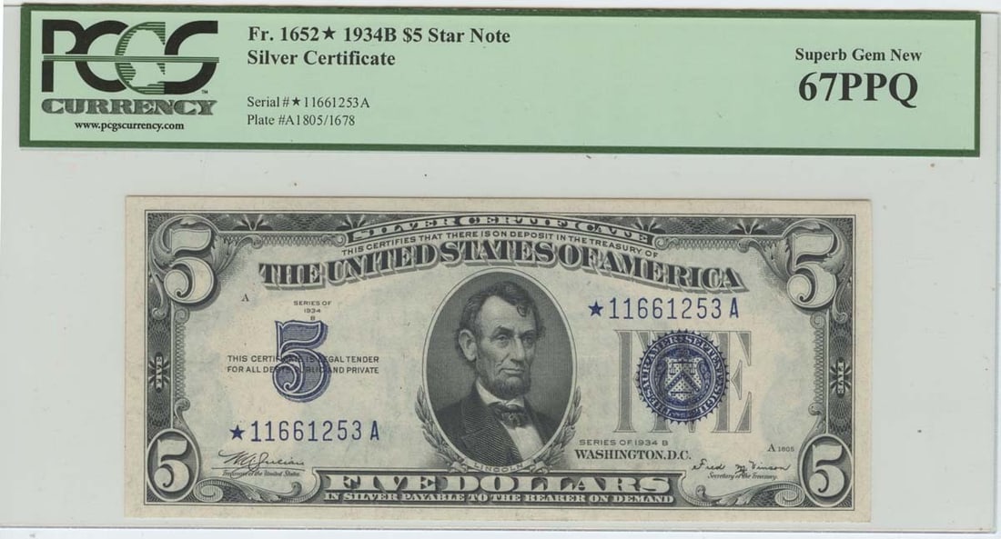 1934B $5 Silver Certificate Star FR#1652* PCGS 67PPQ Superb Gem: 1934B $5 Silver Certificate Star FR#1652* PCGS 67PPQ Superb Gem This 1934B $5 Silver Certificate Star, designated as FR#1652*, is certified by PCGS with a grade of 67PPQ, indicating it is a superb gem