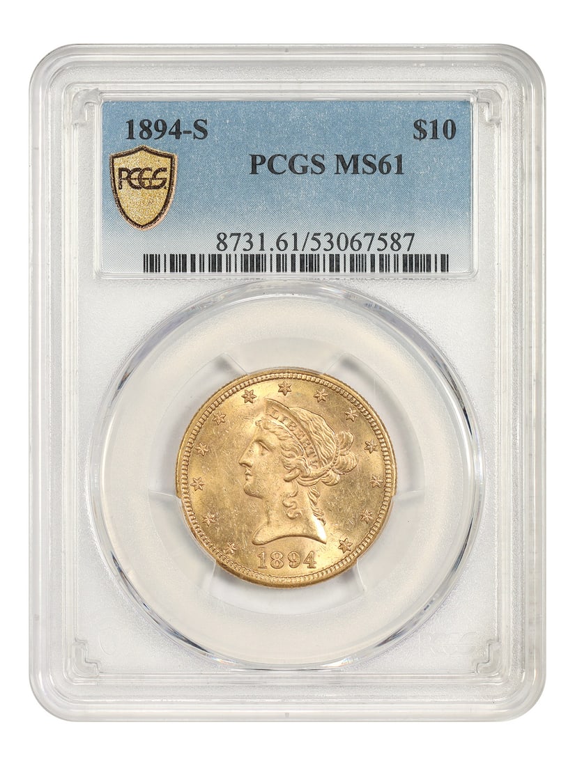 PCGS MS61 1894-S Liberty Head Eagle $10 Gold Coin: PCGS MS61 1894-S Liberty Head Eagle $10 Gold Coin 1894-S Liberty Head $10 gold coin certified by PCGS and graded MS61. The coin is dated 1894 with a San Francisco mint location and is described as unc