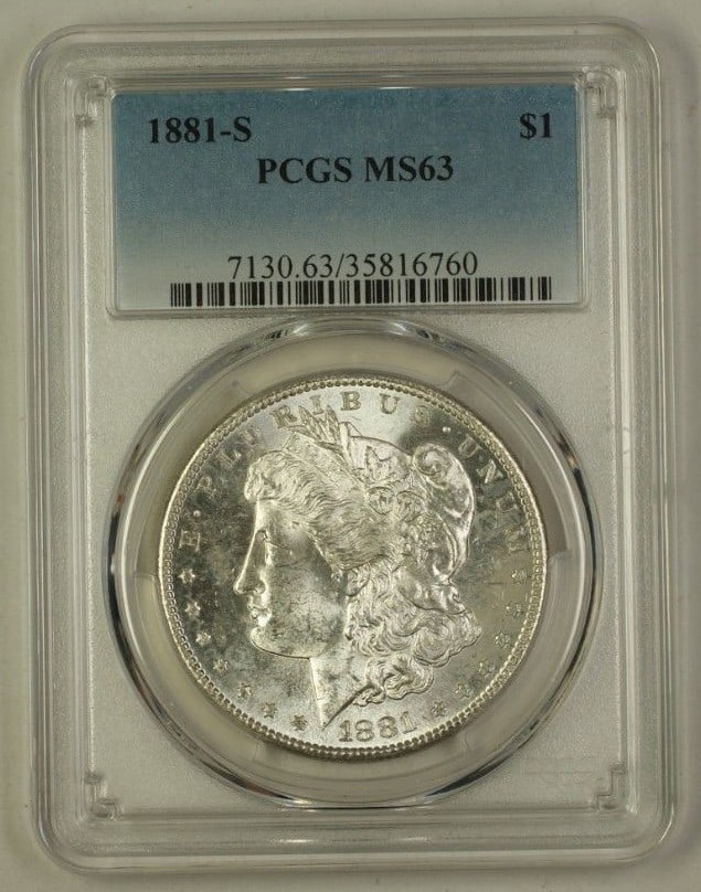 PCGS MS63 1881 San Francisco Morgan Silver Dollar Uncirculated $1 Coin: PCGS MS63 1881 San Francisco Morgan Silver Dollar Uncirculated $1 Coin This is an 1881-S Morgan Silver Dollar from the United States, featuring a denomination of $1. The coin was minted in San Francis
