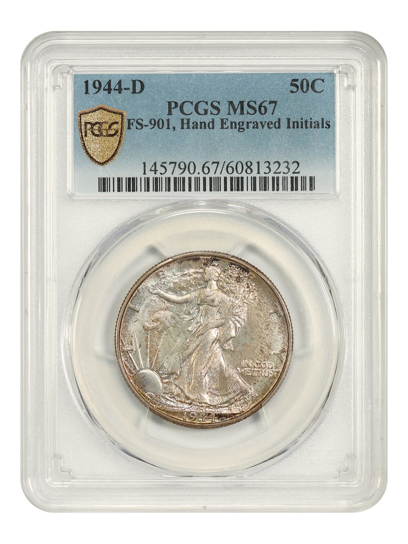 PCGS MS67 1944-D Walking Liberty Half Dollar FS-901: PCGS MS67 1944-D Walking Liberty Half Dollar FS-901 This 1944-D Walking Liberty Half Dollar features the FS-901 variety with hand-engraved initials. Graded MS67 by PCGS, this uncirculated coin was min