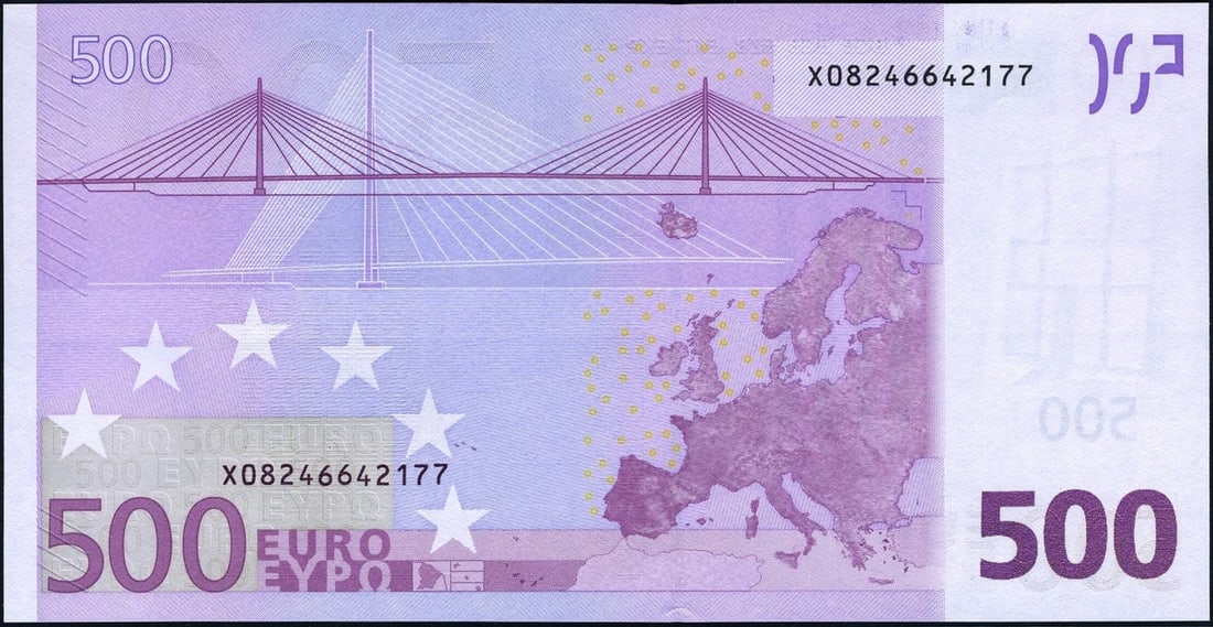 Germany 500 Euro 2002 P14x Gem CU: Germany 500 Euro 2002 P14x Gem CU This 500 Euro banknote from Germany, issued in 2002, features excellent paper quality with bright, bold colors and outstanding eye appeal. The note is uncirculated an