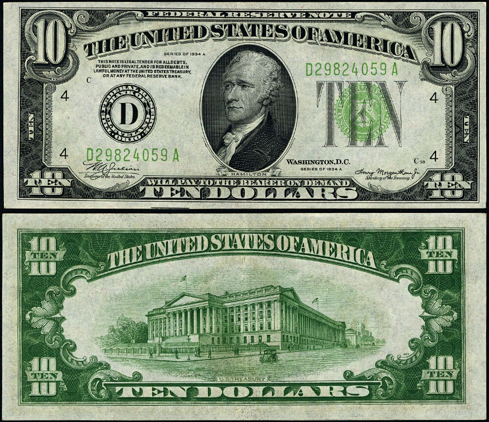 1934-A $10 Federal Reserve Note Mule D-A Block Cleveland AU+: 1934-A $10 Federal Reserve Note Mule D-A Block Cleveland AU+ This 1934-A Federal Reserve Note features the D-A Block from Cleveland and is graded AU+. Renowned for its excellent paper quality, the not