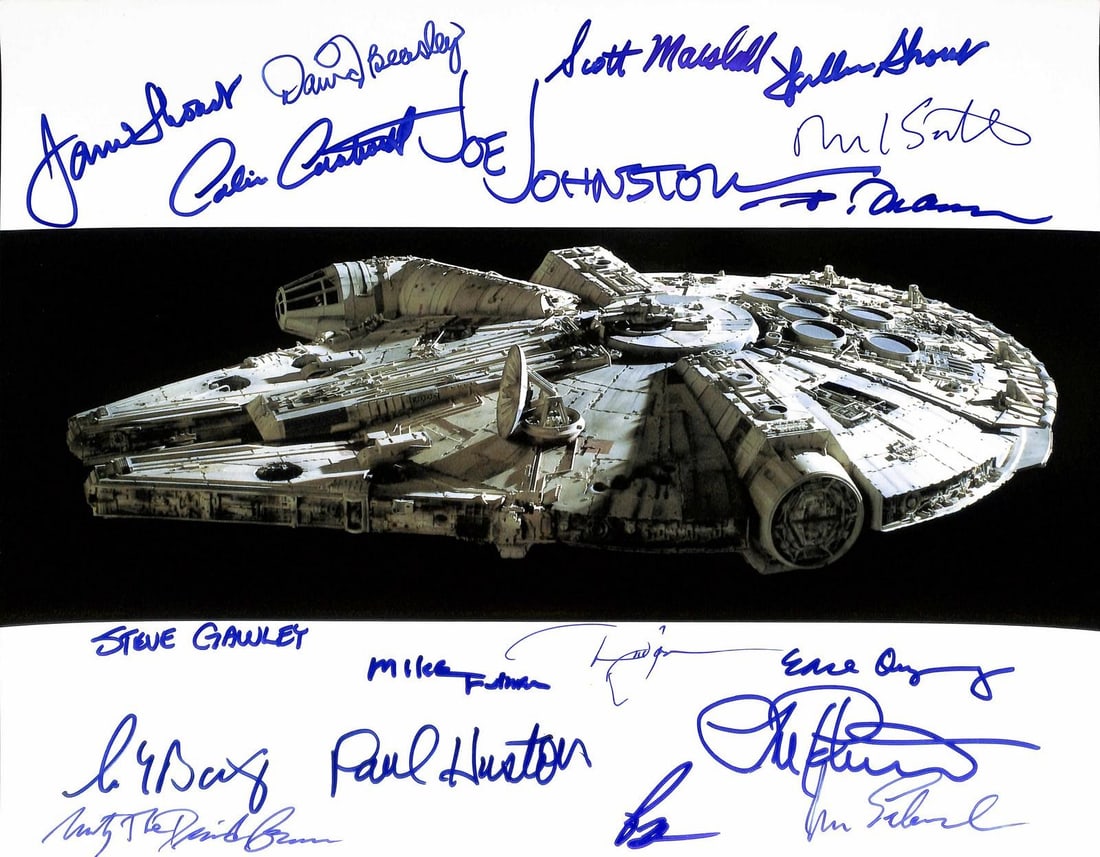 Beckett authenticated 11x14 Millennium Falcon photo signed by 18 ILM artists: Beckett authenticated 11x14 Millennium Falcon photo signed by 18 ILM artists This is a multi-signed 11x14 photograph featuring the Millennium Falcon from Star Wars. The photo is hand-signed by 18 memb