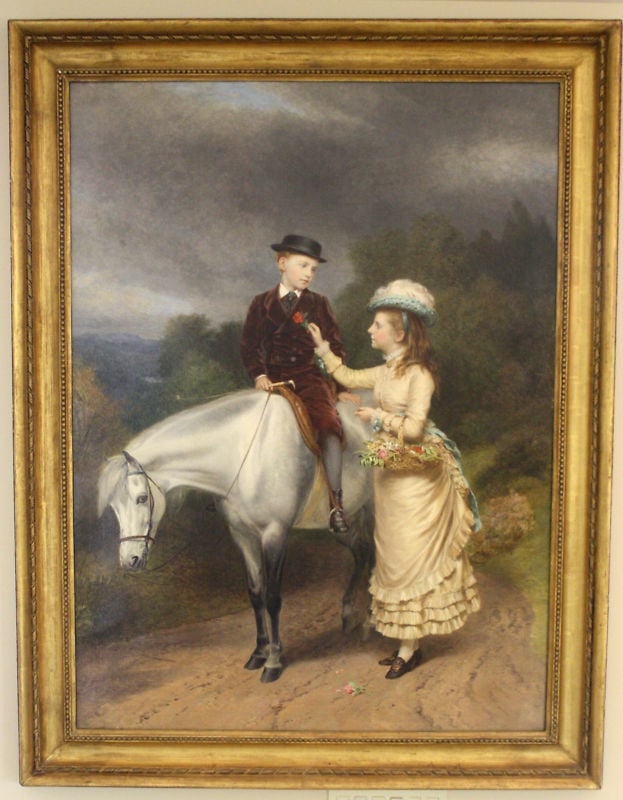 1877 Oil Painting The First Love by Ansdell Sidley Realism Museum Quality: 1877 Oil Painting The First Love by Ansdell Sidley Realism Museum Quality Experience the beauty of 19th century artistry with this magnificent oil on canvas painting, created in 1877 by renowned liste
