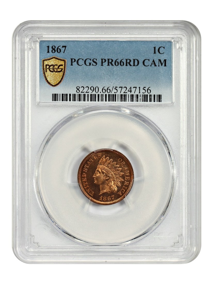 PCGS PR66RD CAM 1867 Indian Cent 1C Proof: PCGS PR66RD CAM 1867 Indian Cent 1C Proof 1867 1C Indian Cent proof certified by PCGS as PR66RD CAM. This Philadelphia issue comes from a low mintage of 625 pieces and is described as one of the early