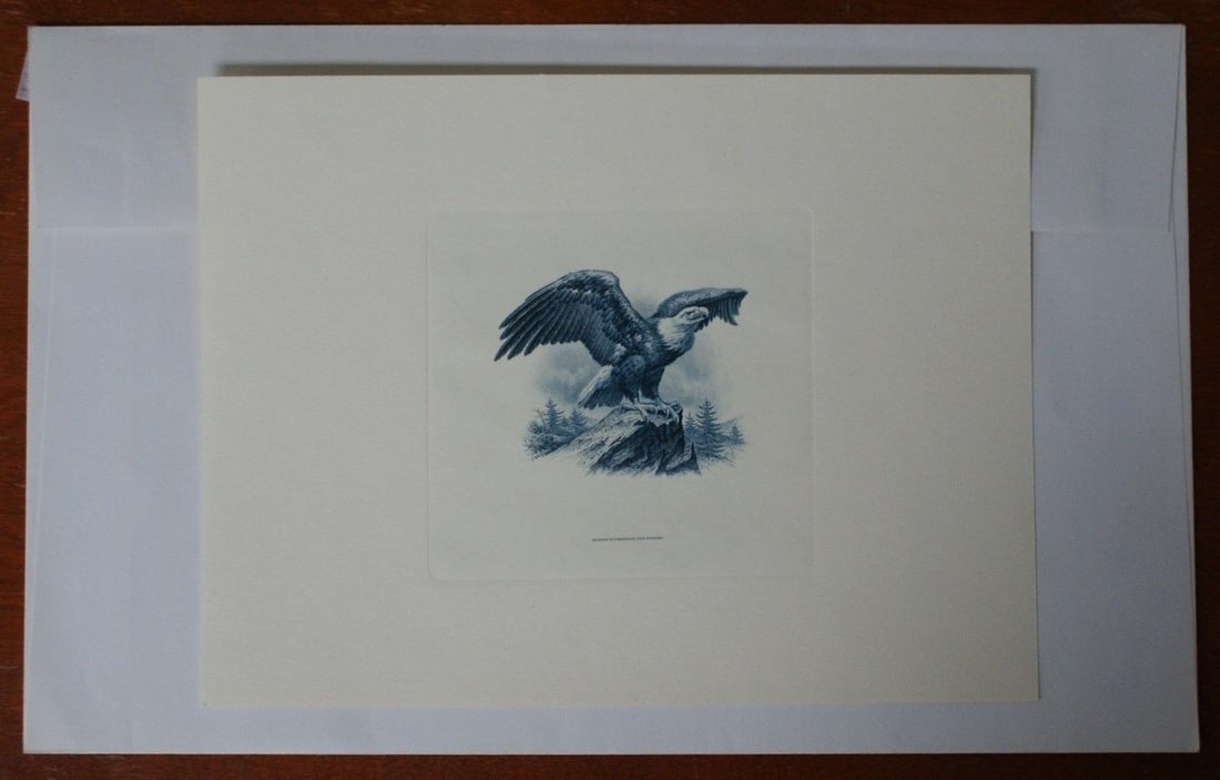 Blue BEP souvenir card IPMS 1984 eagle on rock vignette: Blue BEP souvenir card IPMS 1984 eagle on rock vignette This BEP souvenir card B 70 IPMS 1984 features a proof-quality vignette of an eagle perched on a rock, depicted in blue. Issued by the Bureau of