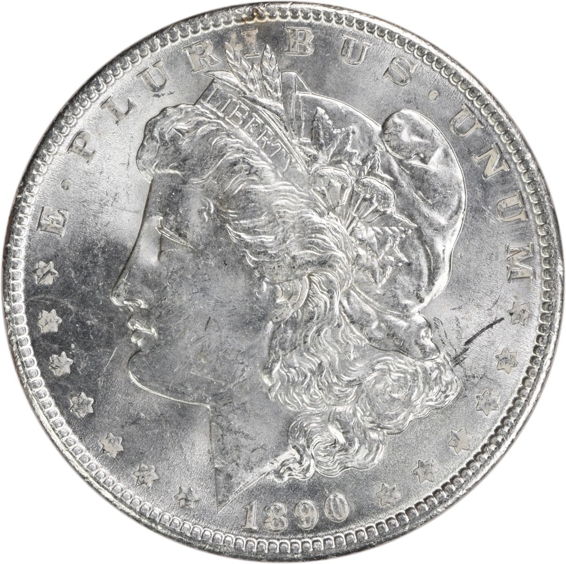 Choice BU 1890 Silver Morgan Dollar Uncirculated Philadelphia No Mint Mark: Choice BU 1890 Silver Morgan Dollar Uncirculated Philadelphia No Mint Mark This 1890 Morgan Silver Dollar is a Choice BU example that remains uncertified. Struck in silver and featuring no mint mark, 