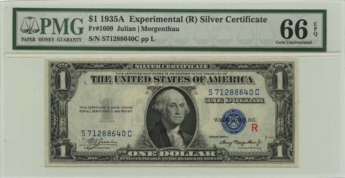 1935A $1 Experimental Silver Certificate Fr# 1609 PMG Gem 66 EPQ: 1935A $1 Experimental Silver Certificate Fr# 1609 PMG Gem 66 EPQ This 1935A $1 Experimental Silver Certificate, graded PMG Gem 66 EPQ, is a remarkable piece for collectors. The note features a denomin
