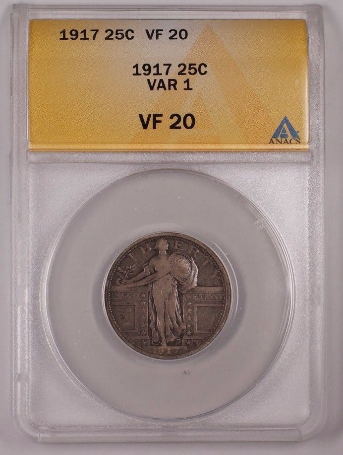 ANACS VF 20 1917 Standing Liberty Silver Quarter Variety 1 Philadelphia: ANACS VF 20 1917 Standing Liberty Silver Quarter Variety 1 Philadelphia This 1917 Standing Liberty Quarter is a 25-cent silver coin from the United States. Certified by ANACS with a grade of VF 20, th