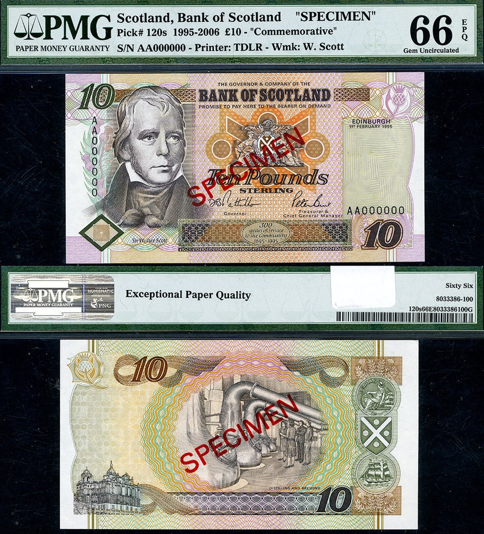 1995-2006 Scotland 10 Pound Banknote Gem PMG CU66 EPQ: 1995-2006 Scotland 10 Pound Banknote Gem PMG CU66 EPQ This is a 10 Pound banknote from the Bank of Scotland, issued between 1995 and 2006. It holds a PMG certification grade of Gem CU66 EPQ, indicatin