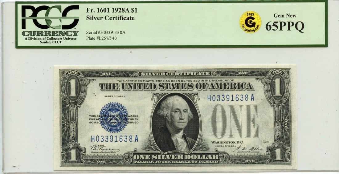 1928A $1 Silver Certificate Fr#1601 PCGS MS65 Uncirculated: 1928A $1 Silver Certificate Fr#1601 PCGS MS65 Uncirculated This is a 1928A $1 Silver Certificate, designated as Fr#1601, graded by PCGS Currency with a GEM 65 PPQ rating. This uncirculated certificate