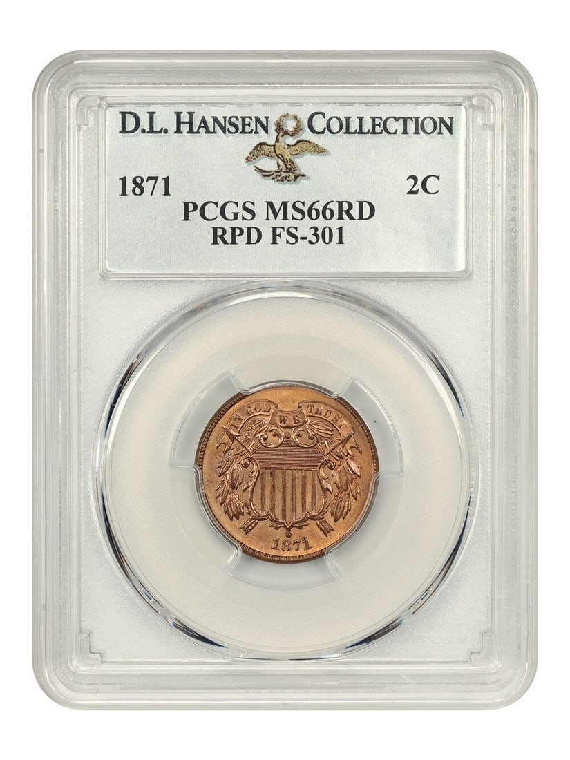 1871 2 Cent PCGS MS66RD Bold Overdate D.L. Hansen Provenance: 1871 2 Cent PCGS MS66RD Bold Overdate D.L. Hansen Provenance This 1871 Two Cent coin, certified by PCGS with a grade of MS66RD, is a remarkable specimen from the Philadelphia mint. It showcases a bold