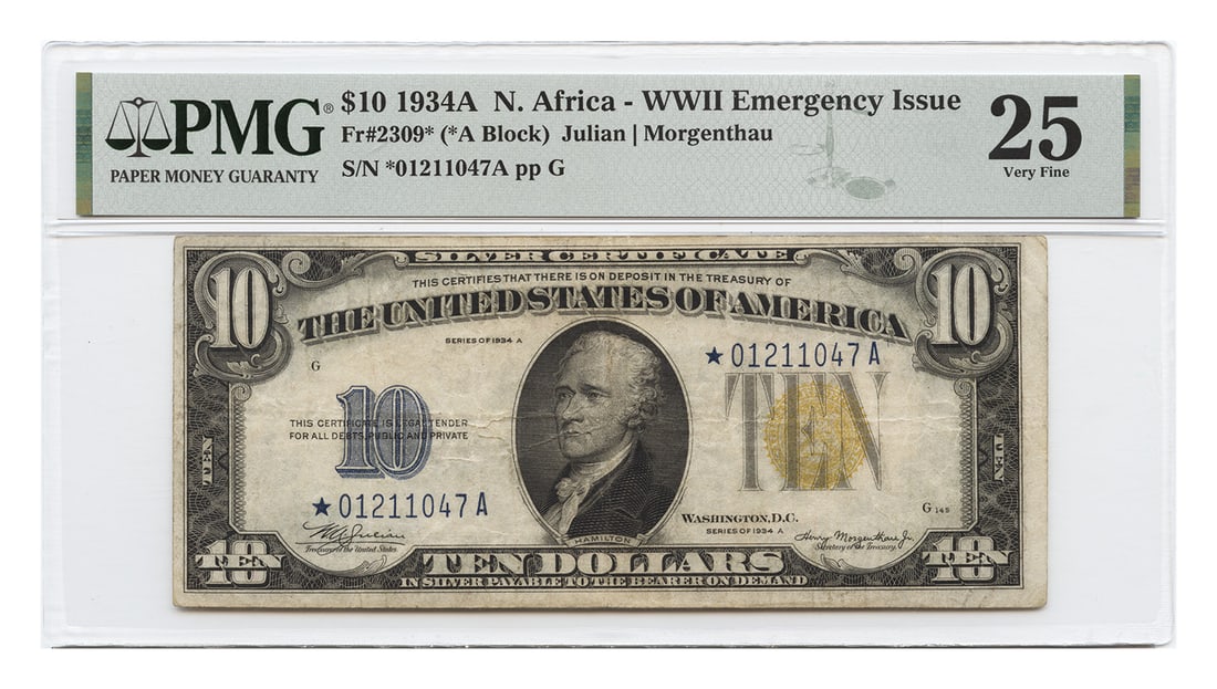 1934 $10 North Africa Emergency Note PMG VF25 Small Size: 1934 $10 North Africa Emergency Note PMG VF25 Small Size 1934 $10 Emergency Note from the North Africa series, certified by PMG and graded VF25. This is a circulated Small Size note in pre-owned condi