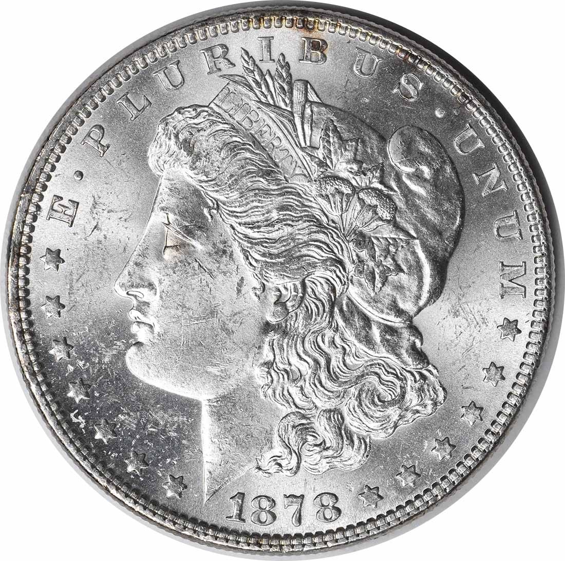 1878 Morgan Silver Dollar Reverse of 1879 Choice BU Uncertified Coin: 1878 Morgan Silver Dollar Reverse of 1879 Choice BU Uncertified Coin This 1878 Morgan Silver Dollar features the 7 Tail Feathers Reverse of 1879 variety. It is composed of silver and remains uncircula