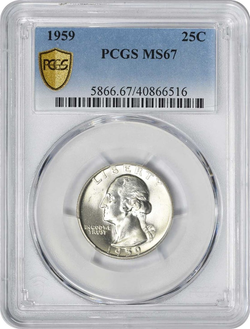1959 Washington Silver Quarter MS67 PCGS Uncirculated 90% Silver: 1959 Washington Silver Quarter MS67 PCGS Uncirculated 90% Silver This 1959 Washington Silver Quarter is a stunning example of numismatic excellence, graded MS67 by PCGS. Struck at the Philadelphia Min