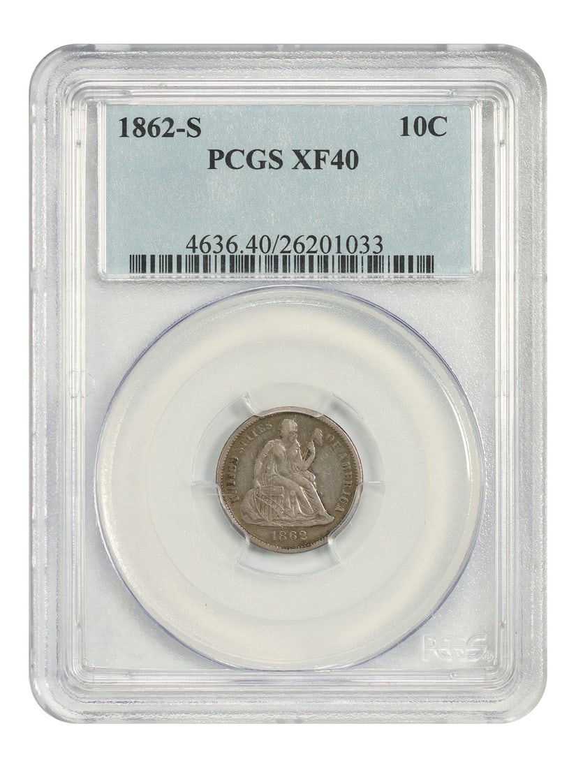 Liberty Seated Dime 1862-S 10C PCGS XF40: Liberty Seated Dime 1862-S 10C PCGS XF40 1862-S Liberty Seated Dime graded XF40 by PCGS. This circulated 10C coin was minted in San Francisco and carries certification number 26201033. It is described