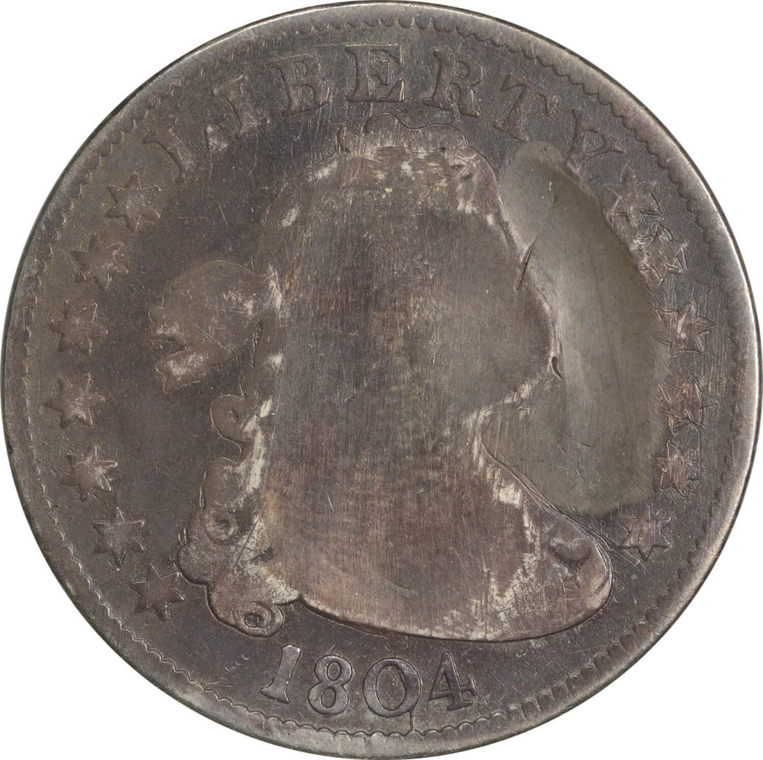 1804 Draped Bust 25C Silver Quarter Repaired Uncertified: 1804 Draped Bust 25C Silver Quarter Repaired Uncertified This 1804 Draped Bust Silver Quarter is a circulated coin from the United States, designed by Robert Scot. It is composed of 89.2% silver and 1