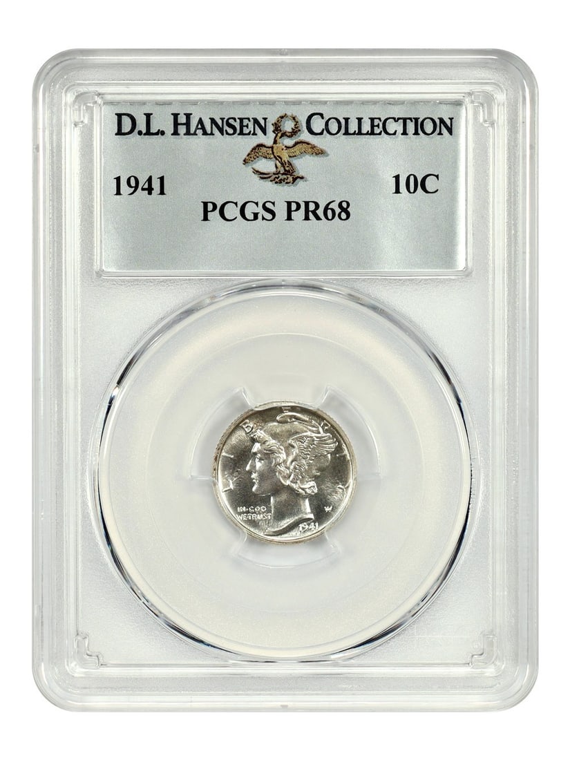 PCGS PR68 1941 Mercury Dime 10C ex D.L. Hansen: PCGS PR68 1941 Mercury Dime 10C ex D.L. Hansen 1941 Mercury Dime graded PCGS PR68, struck in proof format at the Philadelphia Mint. This uncirculated example is certified by PCGS and is identified as 