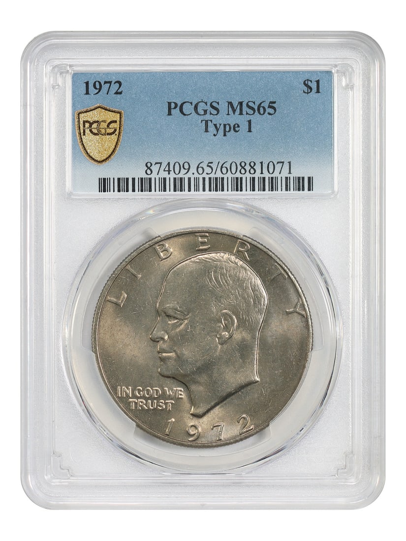 PCGS MS65 1972 Eisenhower Dollar Type 1 Philadelphia: PCGS MS65 1972 Eisenhower Dollar Type 1 Philadelphia 1972 $1 Ike Dollar graded PCGS MS65 (Type 1). This uncirculated coin was struck in Philadelphia and features a low relief reverse die. Condition is