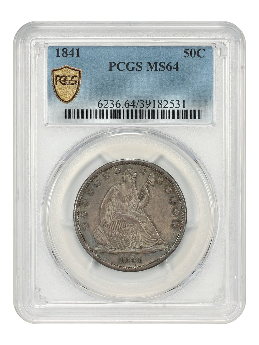 PCGS MS64 1841 Liberty Seated Half Dollar 50C: PCGS MS64 1841 Liberty Seated Half Dollar 50C 1841 Liberty Seated Half Dollar, denomination 50C, struck at the Philadelphia Mint and certified by PCGS as MS64. This early, low-mintage date comes from 