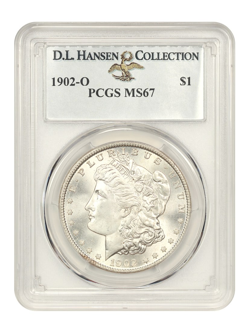 1902-O Morgan Dollar $1 PCGS MS67 D.L. Hansen Collection: 1902-O Morgan Dollar $1 PCGS MS67 D.L. Hansen Collection This 1902-O Morgan Dollar, certified by PCGS with the number 84783198, is in uncirculated condition and has been graded MS67. It showcases a si