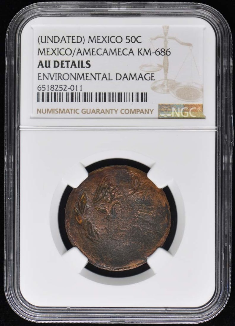 Mexico Rev. 50C Centavos KM-686 NGC AU Details Coin: Mexico Rev. 50C Centavos KM-686 NGC AU Details Coin This is a circulated 50 Centavos coin from Mexico, featuring the city of Amecameca. The coin is certified by NGC with the certification number 65182