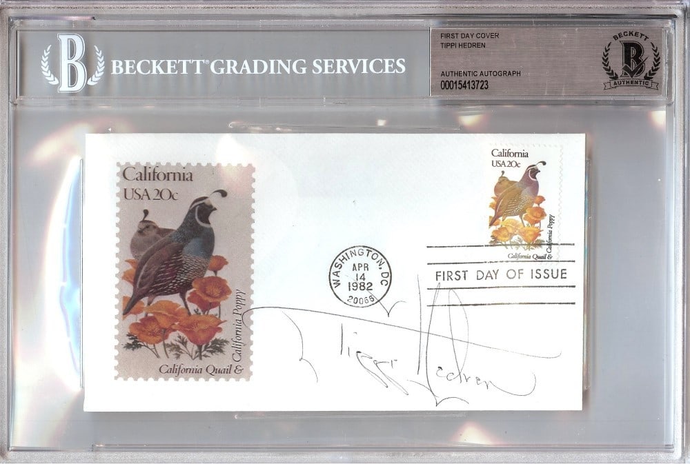 First Day Cover Signed by Tippi Hedren The Birds Beckett Authenticated: First Day Cover Signed by Tippi Hedren The Birds Beckett Authenticated This First Day Cover features the signature of Tippi Hedren, renowned for her role in "The Birds." The item is authenticated and 