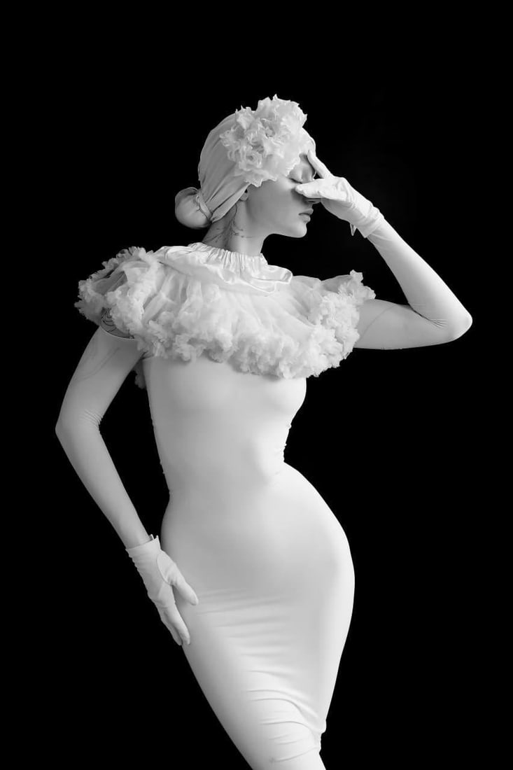Olha Stepanian Miss Rose 24" x 16" black and white photo Ed. 1/15: Olha Stepanian Miss Rose 24" x 16" black and white photo Ed. 1/15 Black and white photographic artwork titled "Miss Rose" by Olha Stepanian, created in 2024 and presented as a surrealist 21st-century 